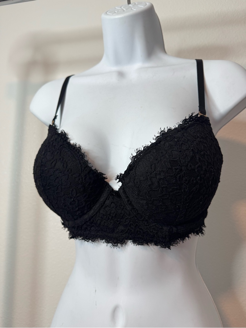 Aerie Black Lace Push-Up Bralette Women 34C Floral Longline Underwire Bra
